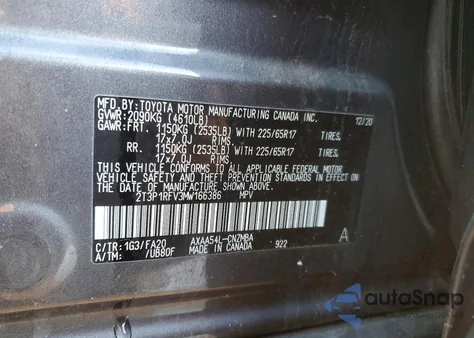 2021 Toyota Rav4 Xle из США, поврежденный, VIN 2T3P1RFV3MW166386